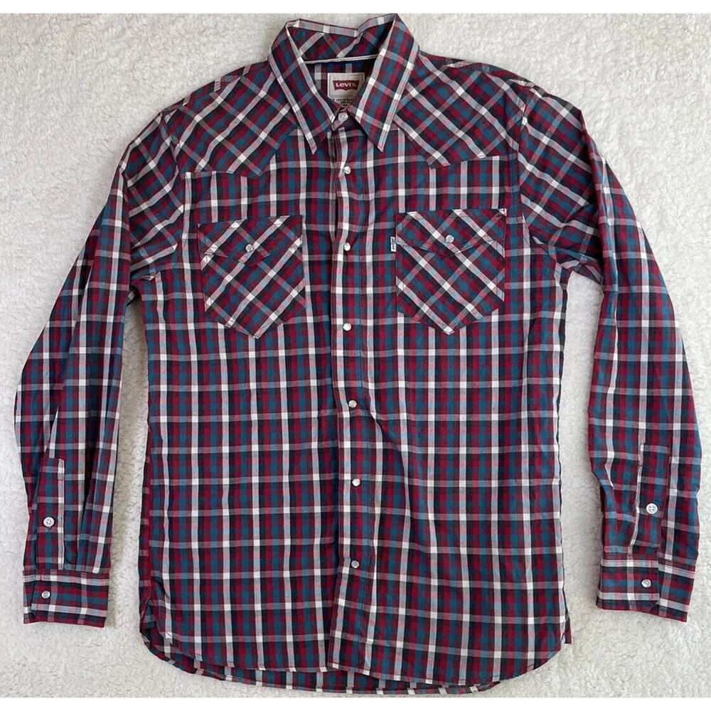 Levis Plaid Shirt Mens Medium Blue Red Pearl Snap Western Cowboy Button Front